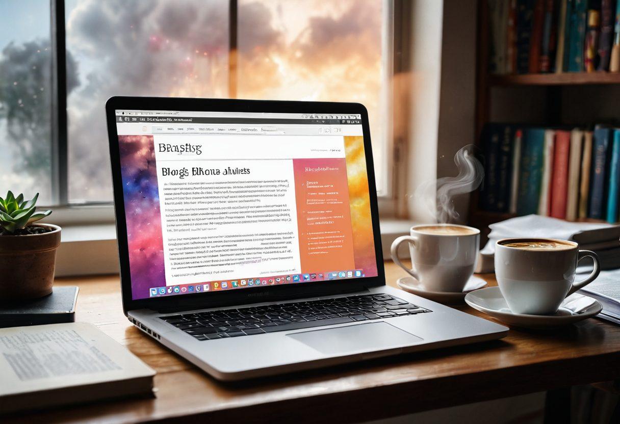 An open laptop displaying a vibrant blog interface, surrounded by books and academic journals, with a steaming coffee cup nearby. In the background, scholarly articles float like clouds, symbolizing knowledge sharing. Bright light illuminates the scene, creating an inviting and inspiring atmosphere. super-realistic. vibrant colors.