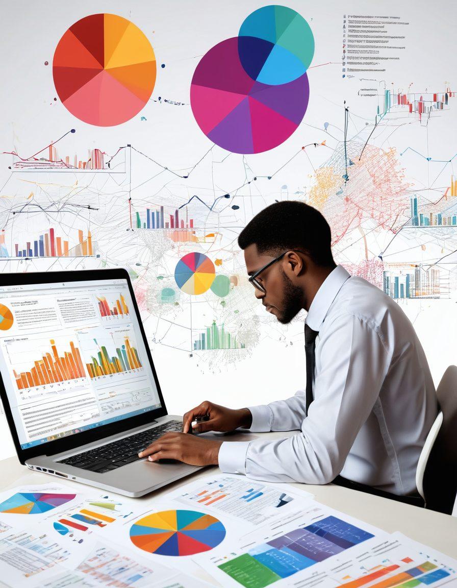 A collage of a scholar researching on a laptop with digital graphs and data visualizations in the background. Include elements like social media icons, colorful charts, and an open book with notes on one side. The atmosphere should be dynamic and inspiring, symbolizing the journey from data analysis to e-research. super-realistic. vibrant colors. white background.