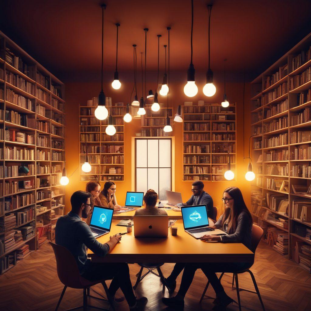 A modern digital workspace featuring a diverse group of bloggers collaborating on their laptops, surrounded by books and digital devices, with floating icons symbolizing knowledge sharing, like light bulbs and books, creating a vibrant atmosphere. The background showcases a blend of academia and technology, representing the digital revolution in blogging. super-realistic. vibrant colors.